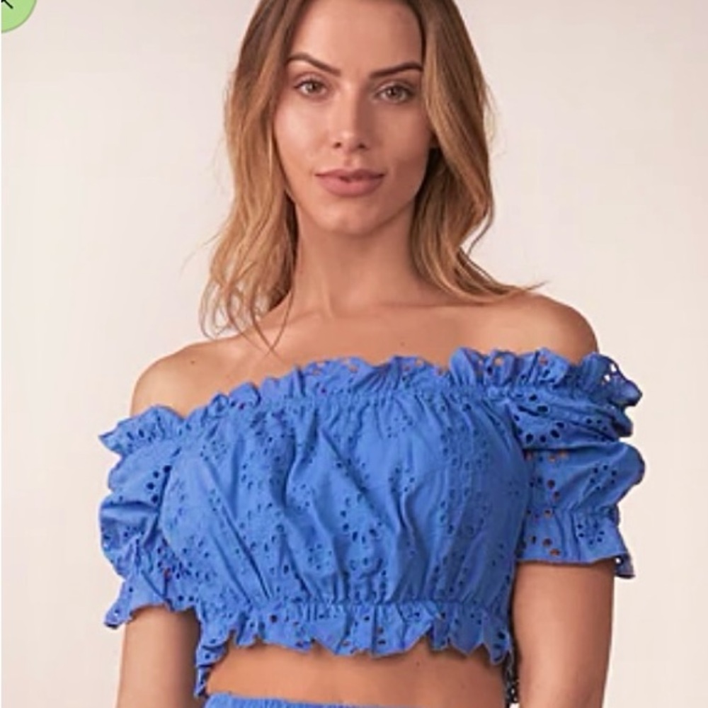 Elan Blue Off-The-Shoulder Eyelet Top, S